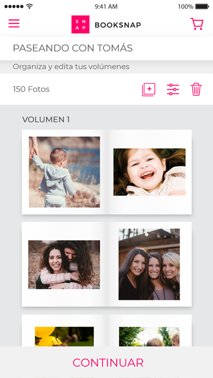 App de fotolibros booksnap con fotos cargadas y en edición